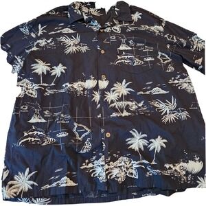 Hawaiian Shirt Mens 3X Palmwave Short Sleeve Islands Navy Blue Button up